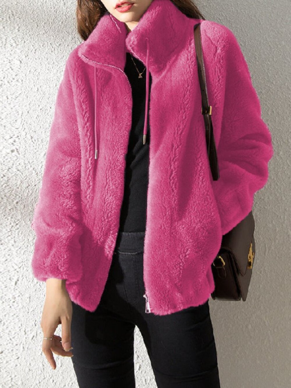 Women's Elegant Coral Fleece Zip-Up Cardigan Sweater